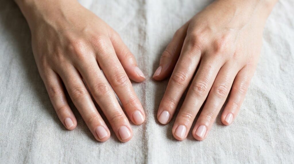 Two smooth hydrated hands palms down with natural or light pink nails showing no visible wrinkles and a subtle sheen