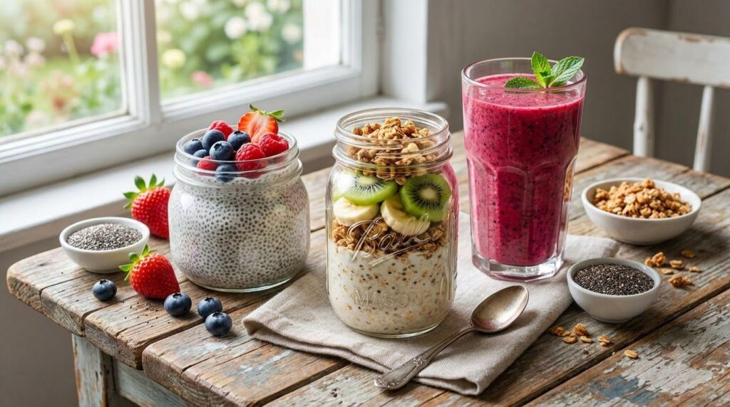 A variety of breakfast items showcasing perfectly prepared chia seeds a glass of chia pudding with fruit a bowl of overn