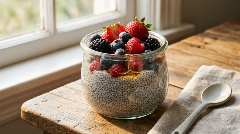 A vibrant well-prepared chia seed pudding in a glass jar topped with fresh berries and a drizzle of honey showcasing per