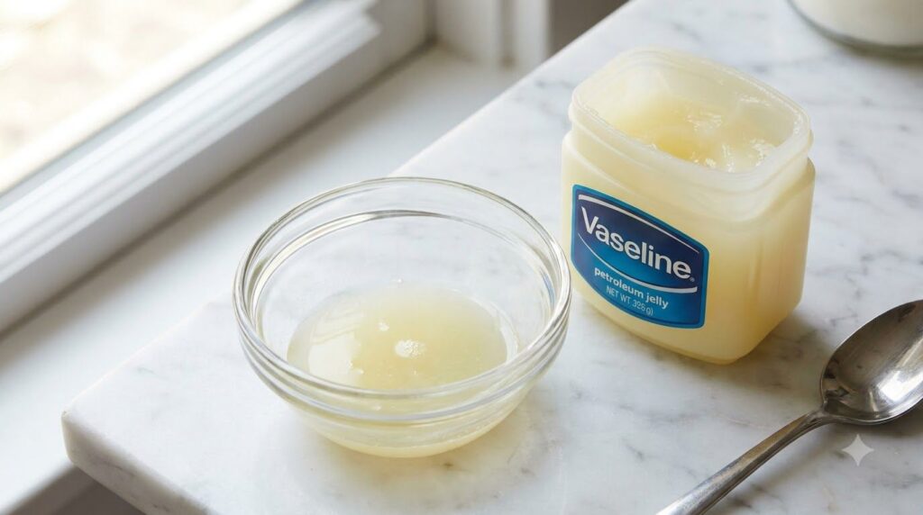 A close-up shot of a small glass bowl with a tiny amount of diluted lemon juice next to an open jar of Vaseline on a mar