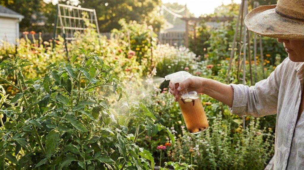 A person spraying a natural clove solution onto garden plants in a healthy thriving garden with sunlight filtering throu