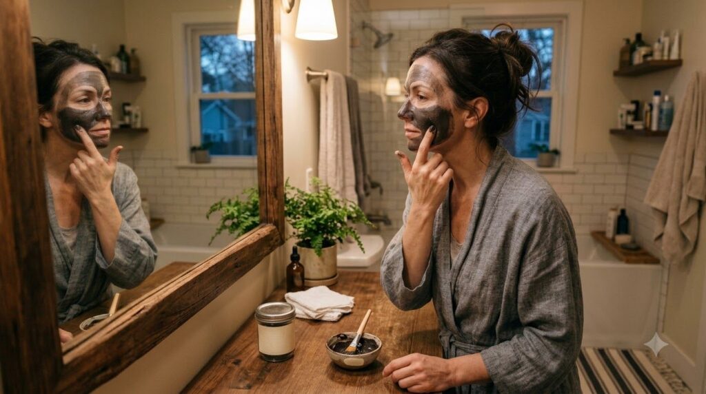 A woman gently applying a thin layer of the homemade cocoa almond oil and Vaseline mask to her face before bed in a soft