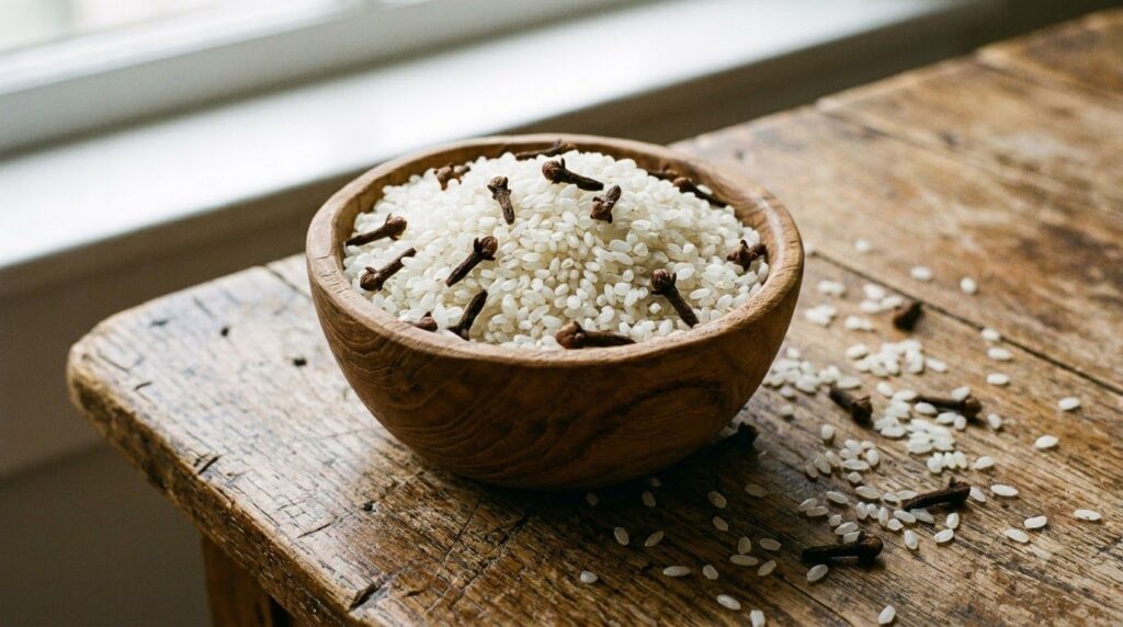 Close-up of a bowl with white rice and whole cloves ready to be added to a DIY beauty mixture The ingredients are clean