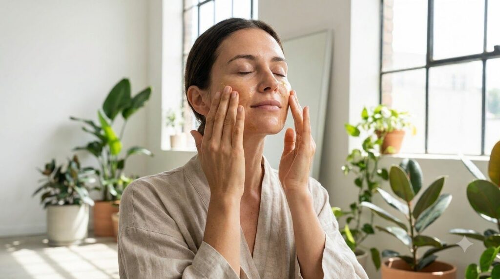 A woman gently massaging the infused oil onto her face looking content Her hands are on her cheeks applying the oil with