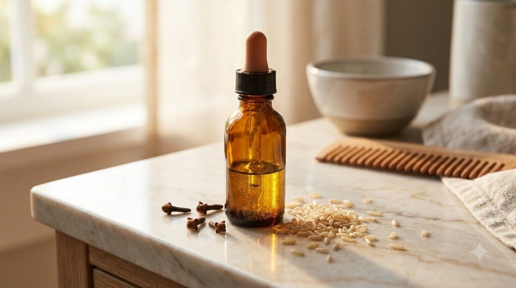 A small glass bottle with a dropper filled with the golden infused oil placed on a vanity next to a few loose cloves and