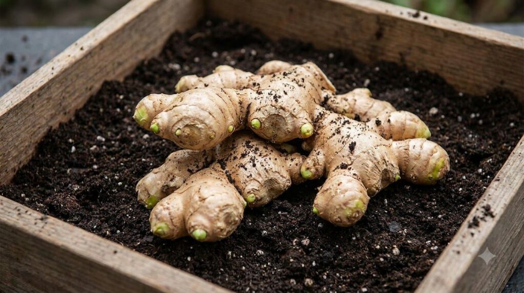 Close-up of ginger rhizomes with visible eyes or buds ready for planting in a shallow layer of rich dark soil