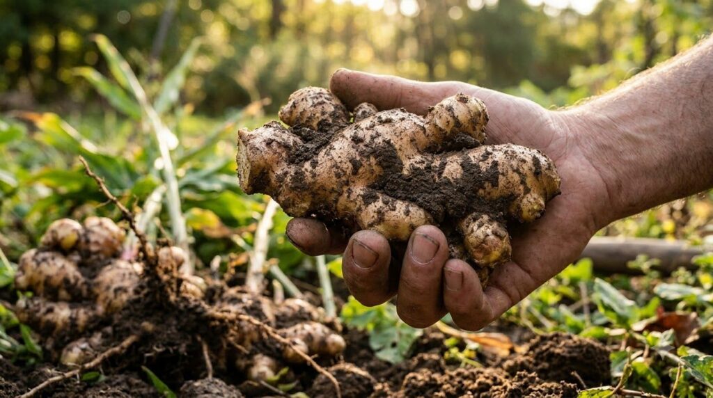A hand holding a freshly harvested piece of ginger covered in soil with more ginger rhizomes visible in the background a