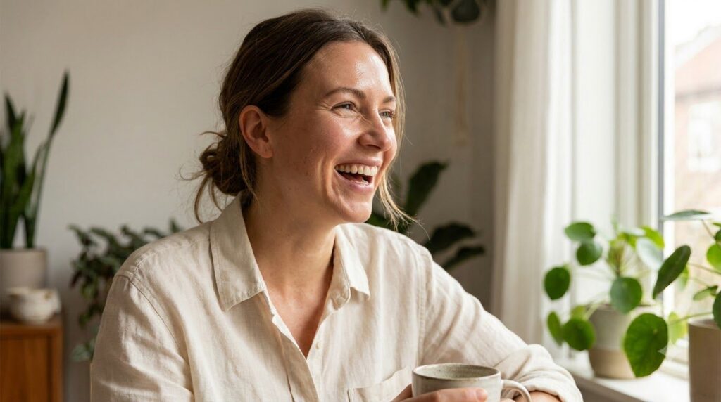 A woman smiling with visibly smooth glowing and youthful-looking skin suggesting the results of a natural anti-aging rou
