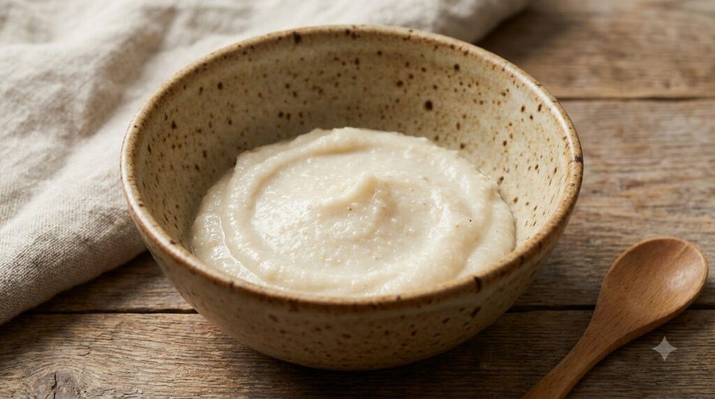 Close-up of a small ceramic bowl with Vaseline and baking soda mixed into a smooth paste ready for application The textu