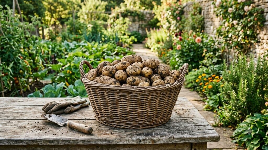 A large wicker basket overflowing with freshly harvested dirty potatoes of various sizes some with clinging soil The bas