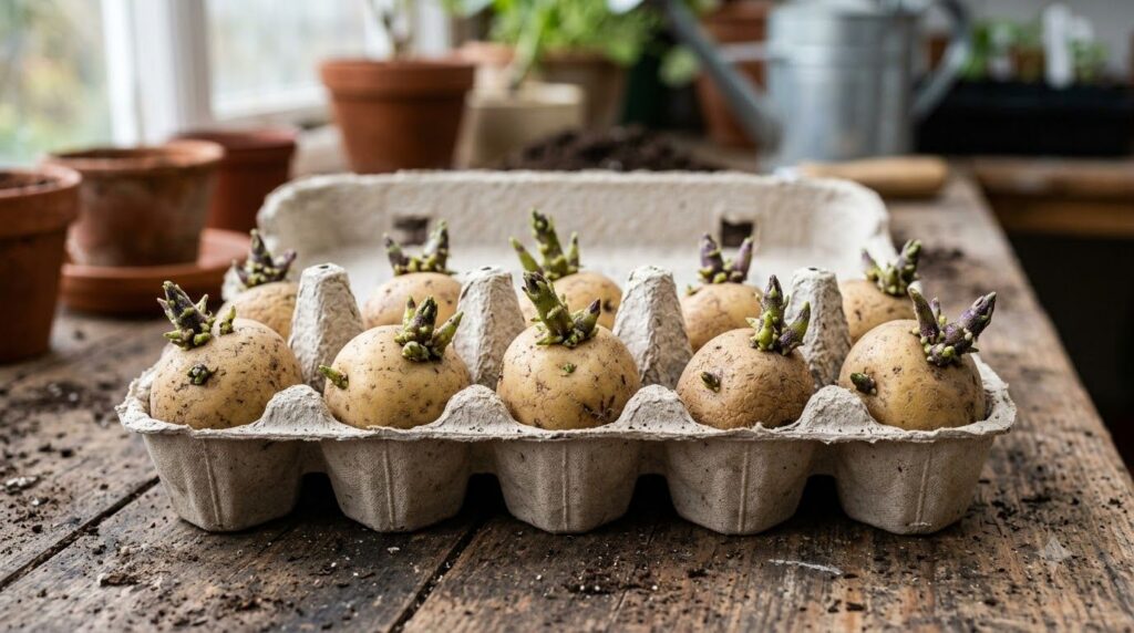 Close-up of several seed potatoes arranged in an egg carton showing short stout green sprouts chits emerging from their 