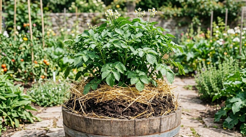 A healthy potato plant growing in a large container with layers of straw and soil clearly visible around its base demons