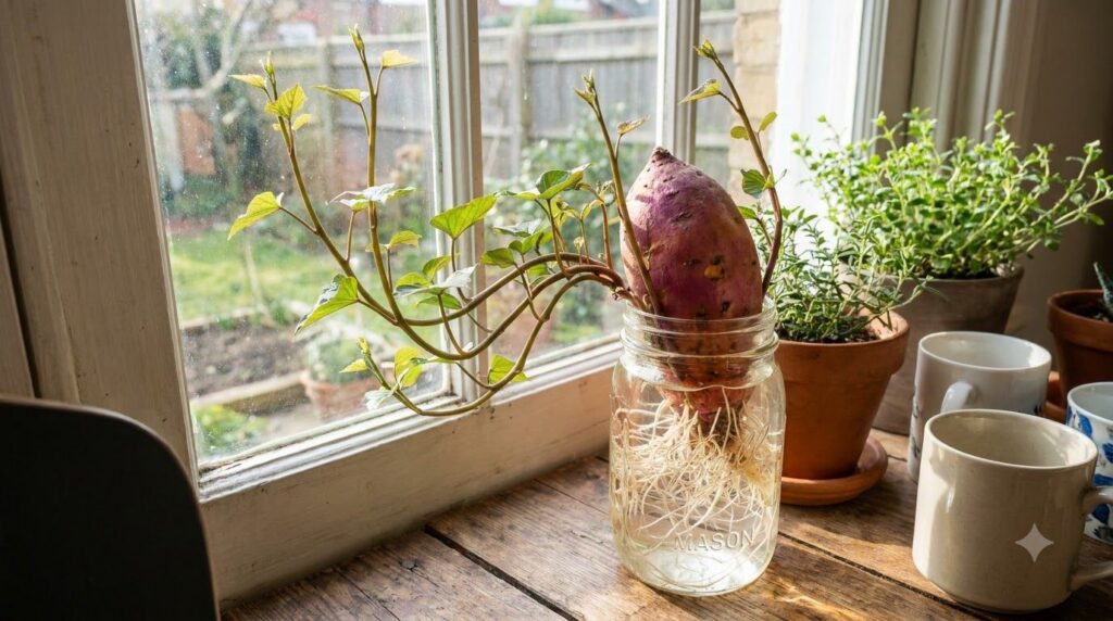 A sweet potato in a glass jar with long green slips growing from the top and roots in the water on a sunny windowsill