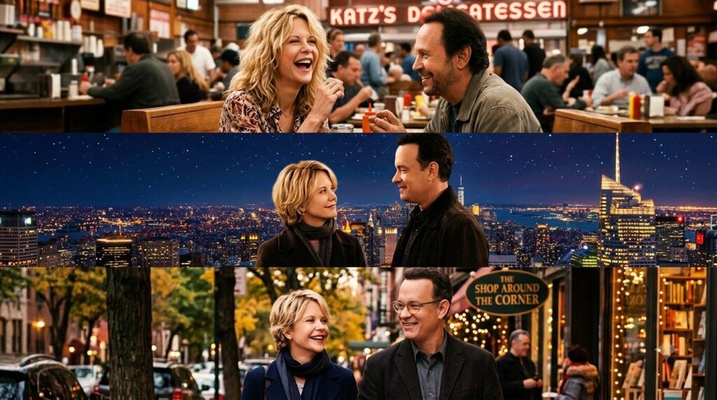 A collage or scene featuring Meg Ryan from her iconic 90s romantic comedies such as When Harry Met Sally Sleepless in Se