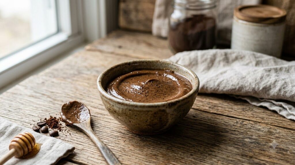 A close-up of a small bowl containing the finished DIY Vaseline coffee and honey mask with a smooth rich texture ready f