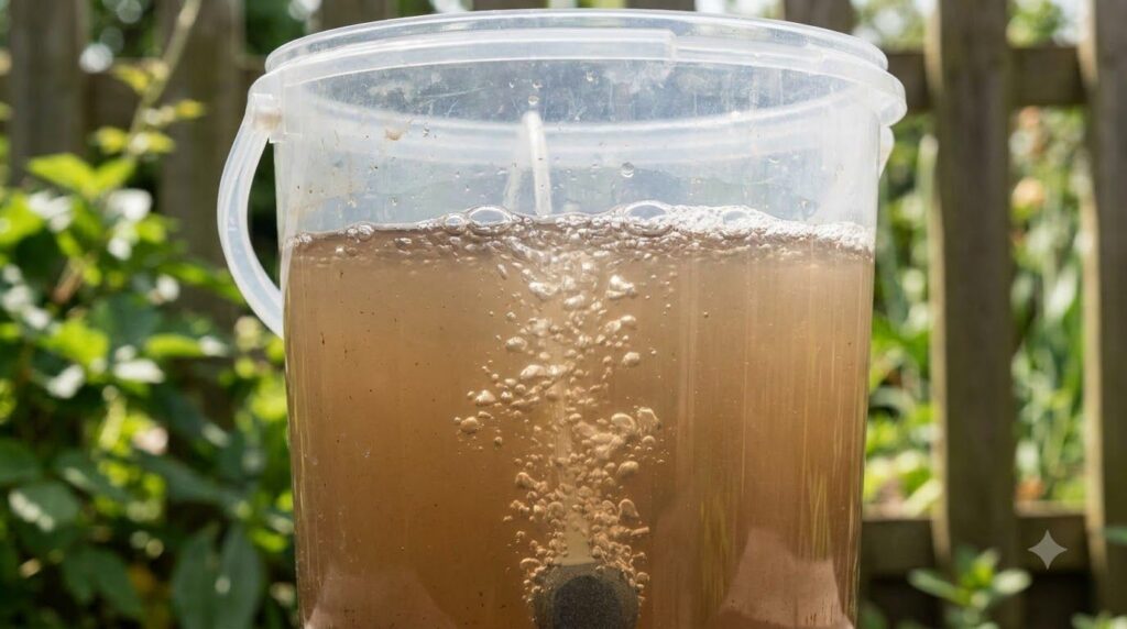 Close-up of a bucket filled with brown liquid indicating compost tea with gardening tools in the background