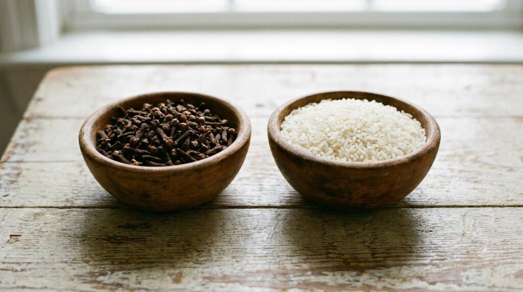 Close up of whole cloves and white rice in separate wooden bowls on a rustic surface ready for infusion