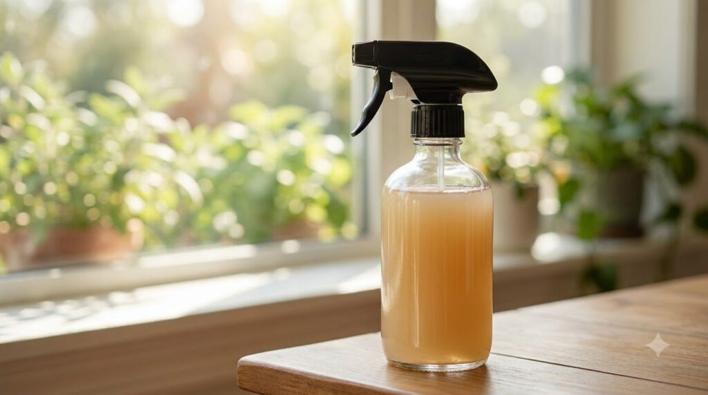 A clear spray bottle filled with a light amber infused liquid held against a soft blurred natural background ready for u