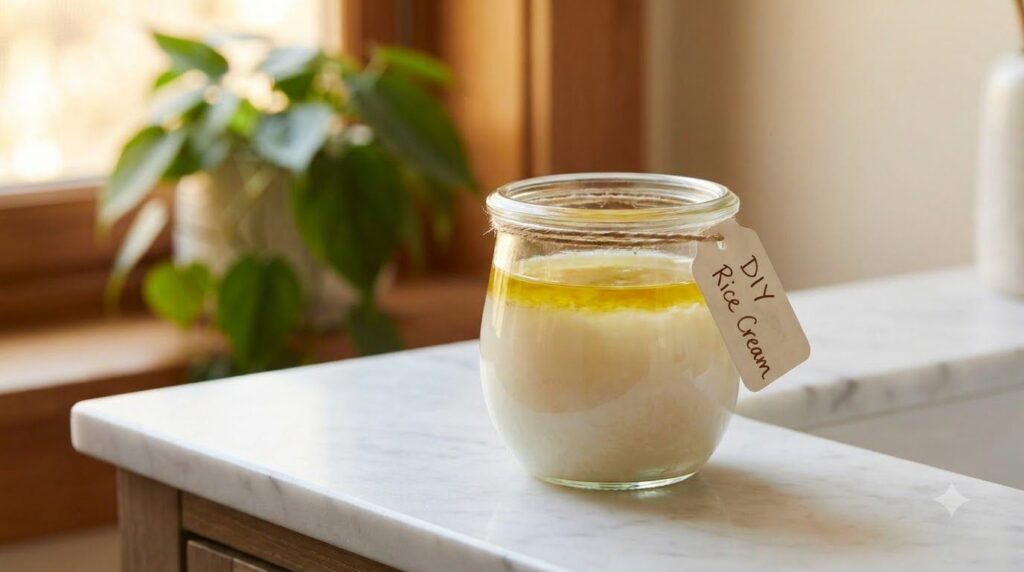A small clear glass jar filled with a milky-white liquid and a golden layer of oil on top labeled DIY Rice Cream sitting