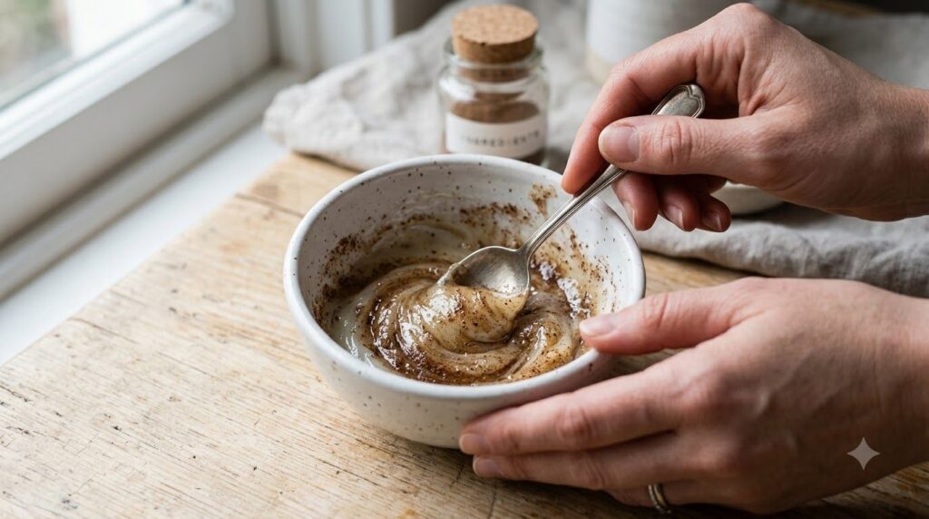 A close-up of hands mixing Vaseline baby oil coffee powder and oil from capsules in a small bowl with a spoon