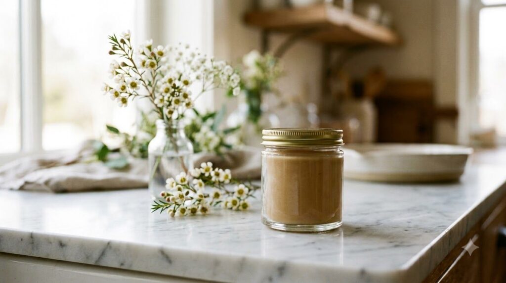 A small glass jar of homemade collagen-friendly balm with a soft creamy texture placed on a white marble surface next to