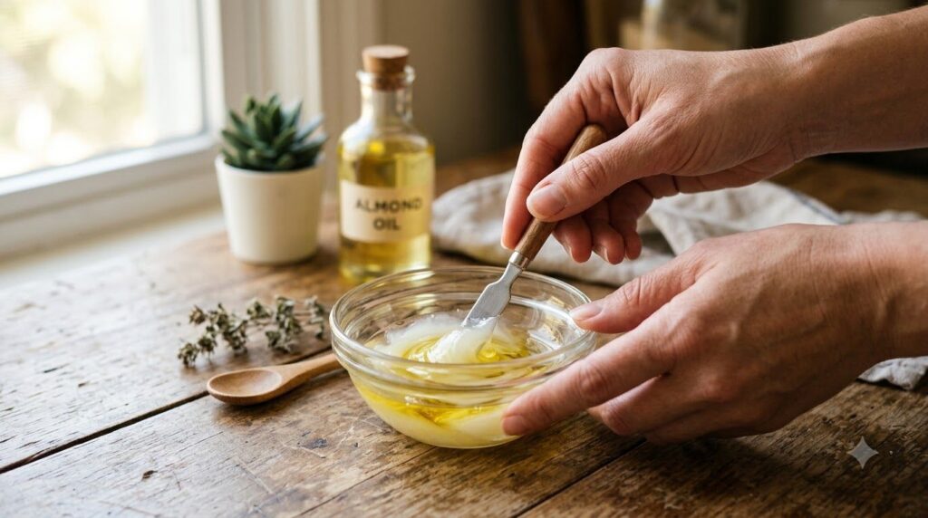 Two hands mixing softened petroleum jelly and almond oil in a small glass bowl with a mini spatula The ingredients are c