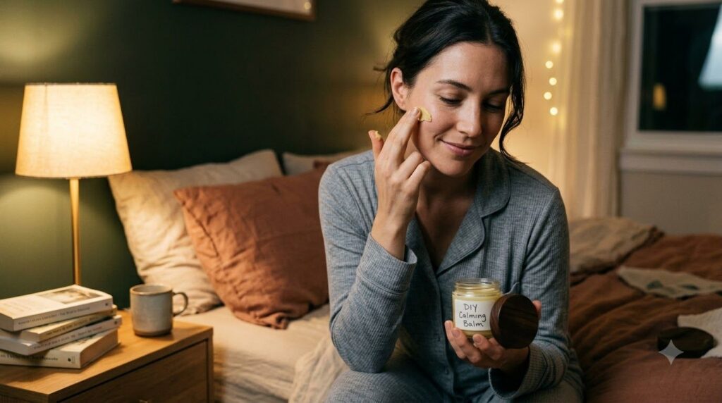 A woman applying a small amount of the DIY balm to her face at night with a gentle focused expression The setting is a c
