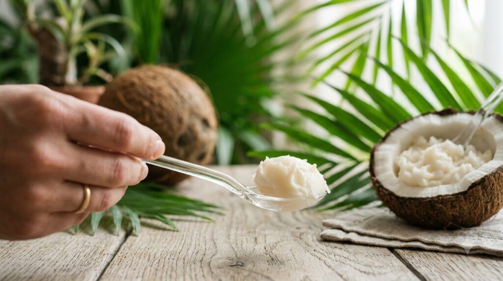 A tablespoon of coconut oil in a small dish with a coconut and green leaves in the background illustrating natural oil p