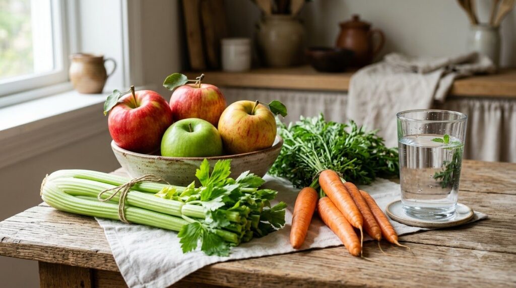 A variety of fresh colorful fruits and vegetables known for promoting oral health arranged appealingly