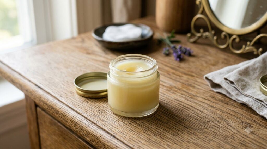 A small clean glass jar containing the mixed Vaseline and Vitamin E oil ready for nightly use