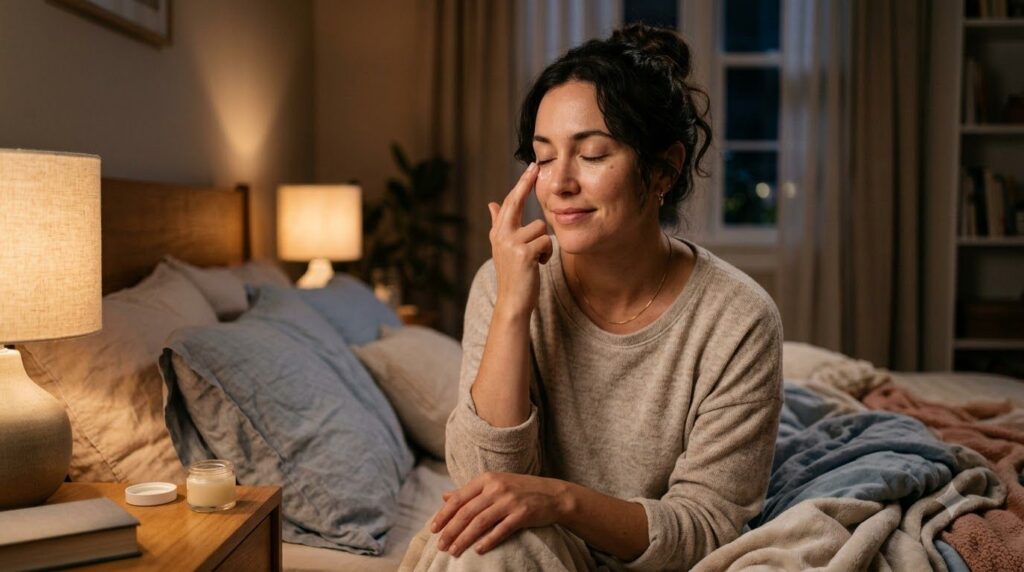 A woman gently applying a small amount of the balm to her face focusing on the area around her eyes or mouth with soft n
