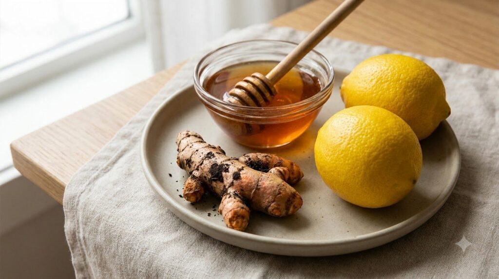 Close-up of fresh turmeric root a bowl of golden honey and bright yellow lemons arranged artistically to highlight their
