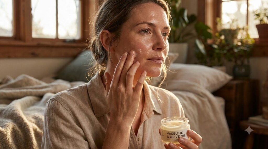 A woman gently applying a small amount of the Vaseline and olive oil mix to her cheek or forehead with a soft warm light