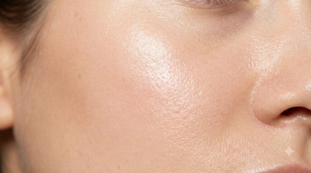Close-up of hydrated smooth skin texture on a woman s face possibly showing a before and after effect of improved skin h
