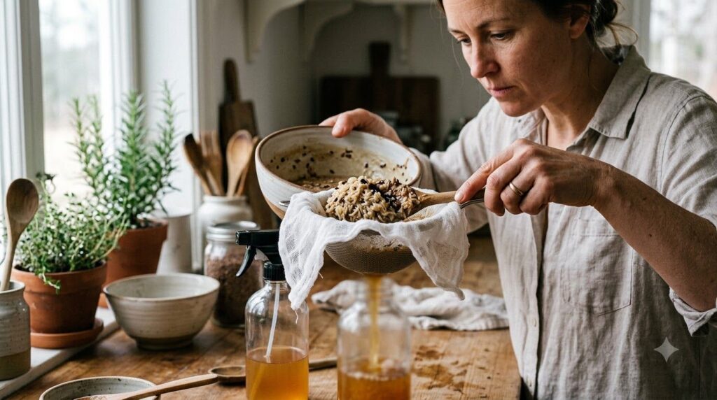 A person carefully straining the cooled rice clove and flaxseed mixture through a fine-mesh sieve into a glass bottle sh