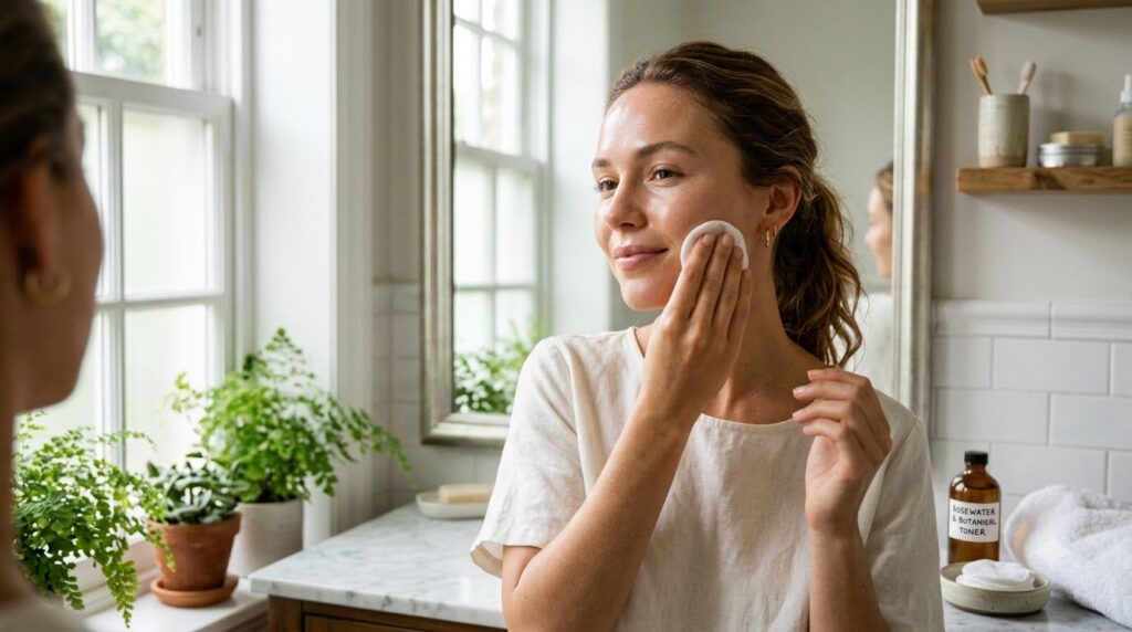 A woman gently patting the homemade toner onto her face with a cotton pad showcasing a refreshed and radiant complexion