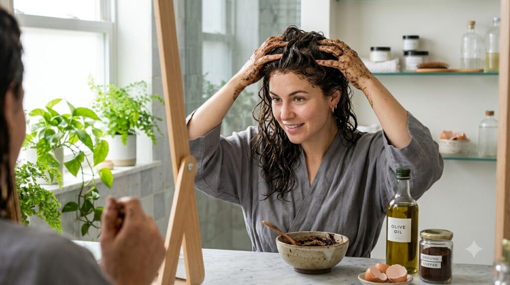 A woman applying a homemade coffee egg and olive oil hair mask to her hair in a bathroom gently massaging it into her sc