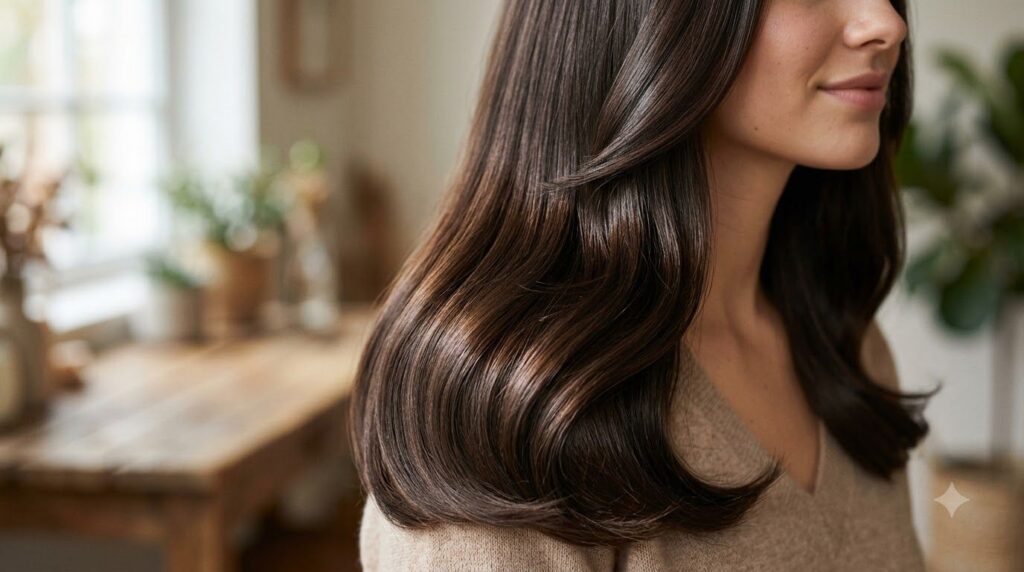 A close-up of healthy shiny hair after a wash showcasing smoothness and natural radiance with a soft blur in the backgro
