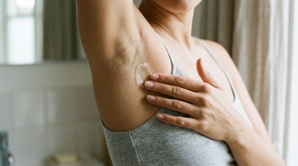 A close-up of a woman applying a clear soothing balm to her underarm skin with her fingertips