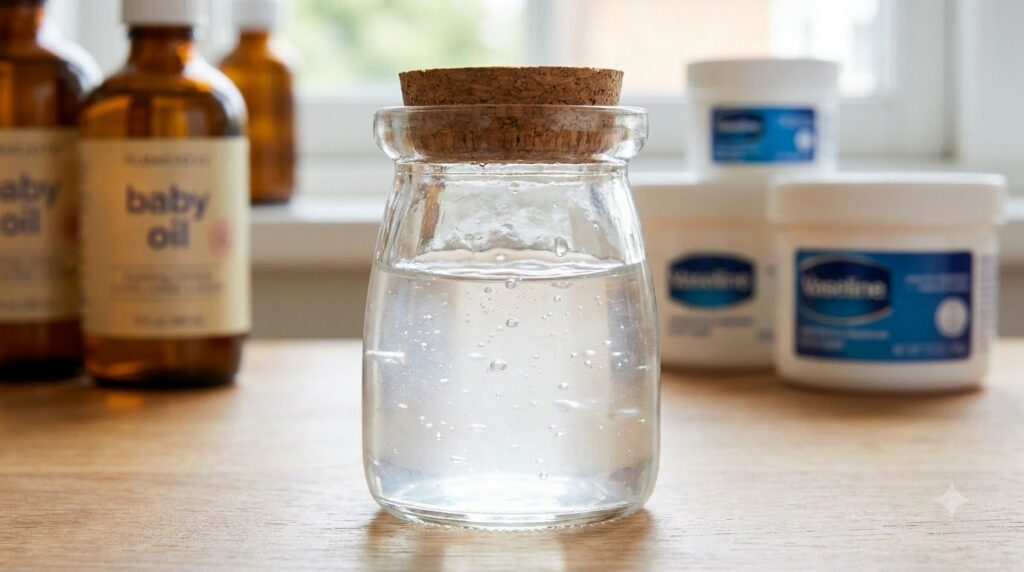 Close-up of a small glass jar containing the mixed hydrating gel showing its clear slightly thick consistency with baby
