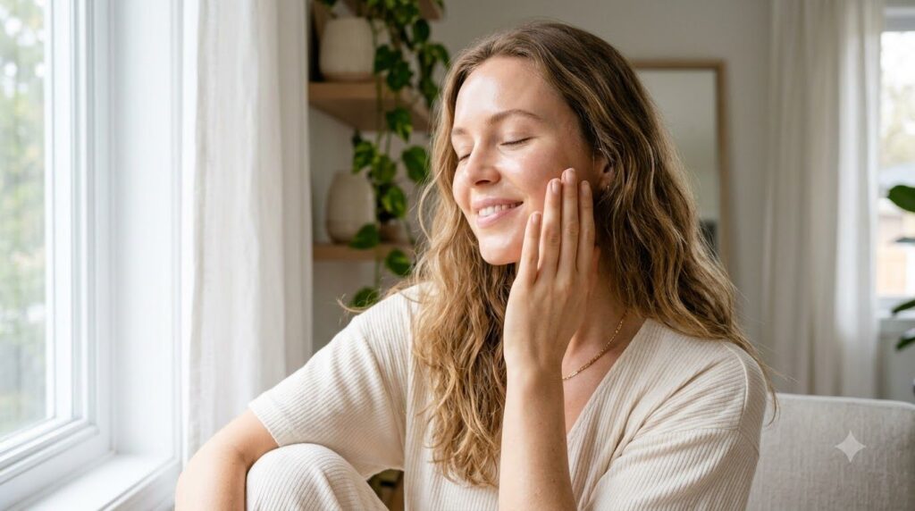 A woman with a radiant hydrated complexion gently touching her face suggesting smooth and well-moisturized skin in a sof