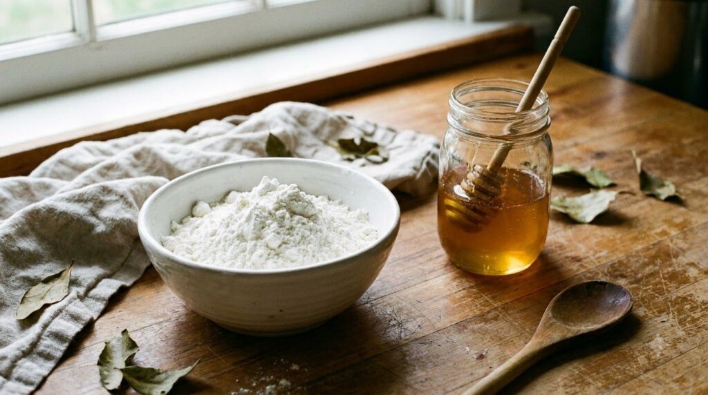 Close-up of cornstarch and a jar of honey on a wooden kitchen counter representing the simple ingredients