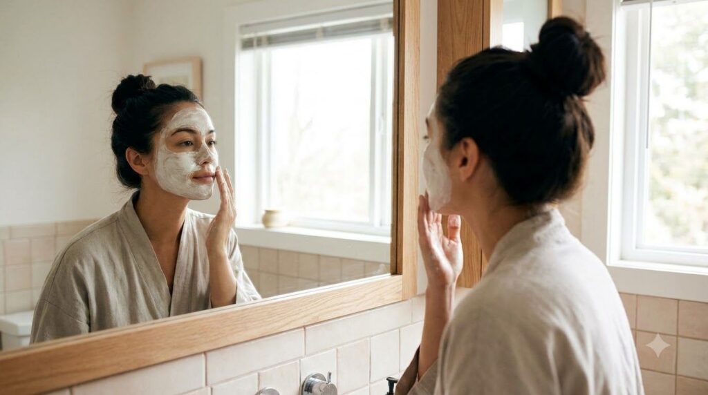 A woman gently applying the DIY face mask to her clean face in a brightly lit bathroom looking in a mirror