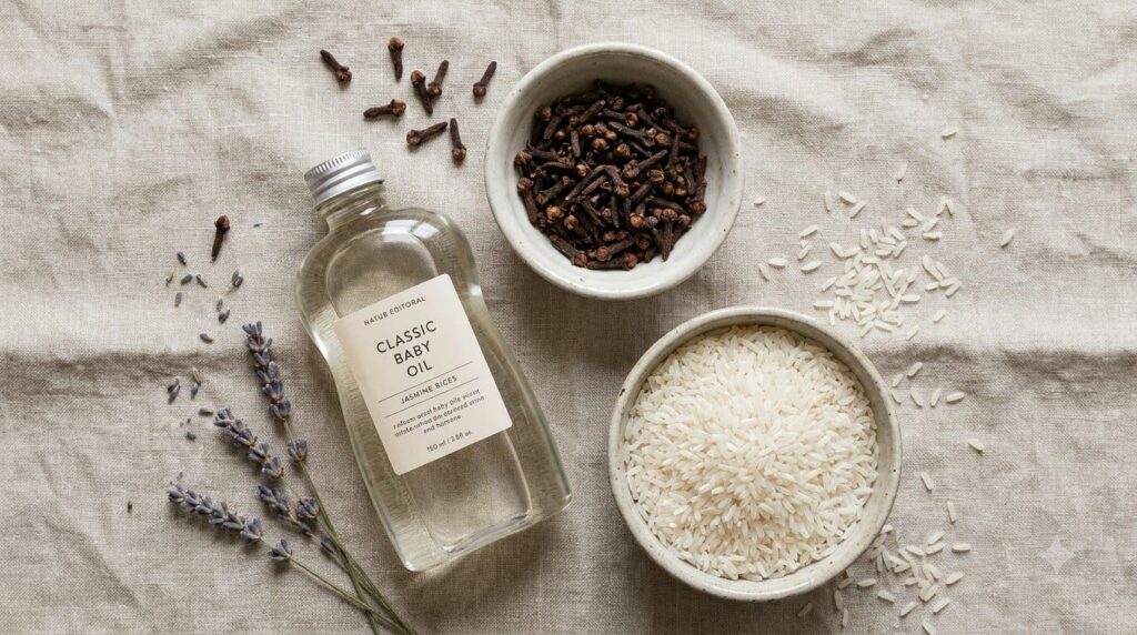 Ingredients for the clove and rice baby oil baby oil bottle a small bowl of whole cloves and a small bowl of uncooked ri
