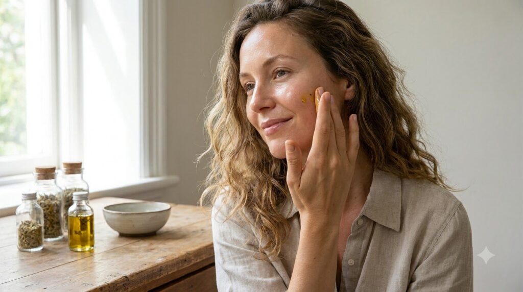 A woman gently massaging the infused oil onto her face showing a radiant complexion