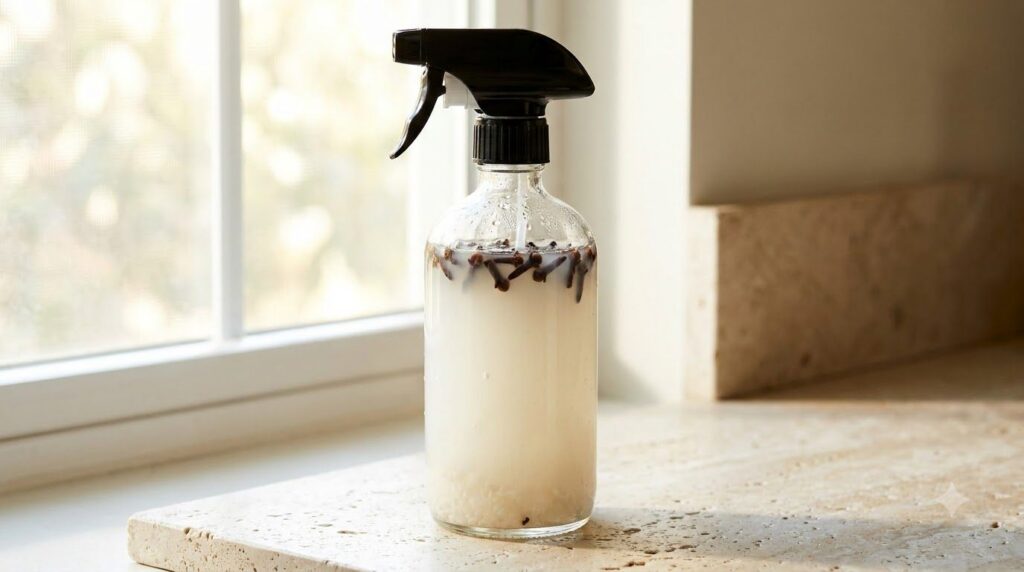 A clear glass spray bottle filled with cloudy rice water and whole cloves sitting on a clean light surface in a bathroom