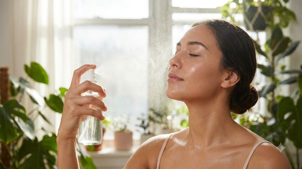 A woman gently misting her face with a fine spray eyes closed appearing refreshed and serene against a soft blurred back