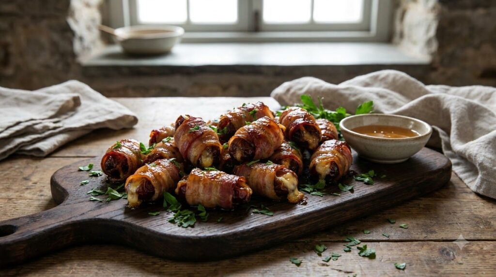 A cluster of Cheesy Bacon-Wrapped Dates golden and crispy served on a white platter