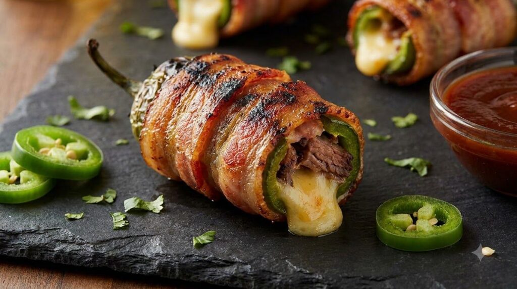 Close-up of a perfectly grilled Texas Twinkie showing a jalapeño stuffed with brisket and cream cheese wrapped in crispy