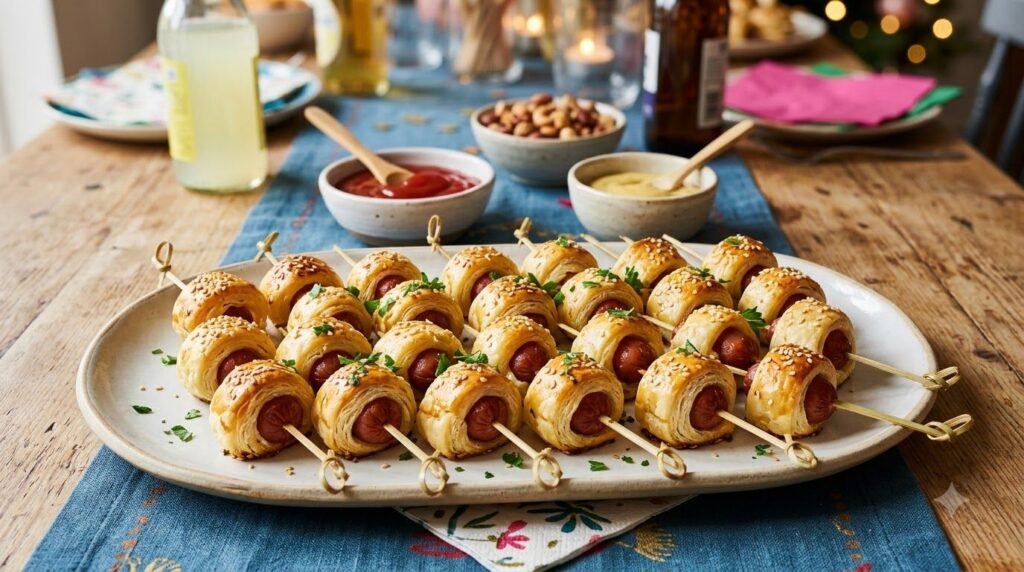 A platter of golden-brown Mini Hot Dog Skewers served with small bowls of mustard and ketchup for dipping